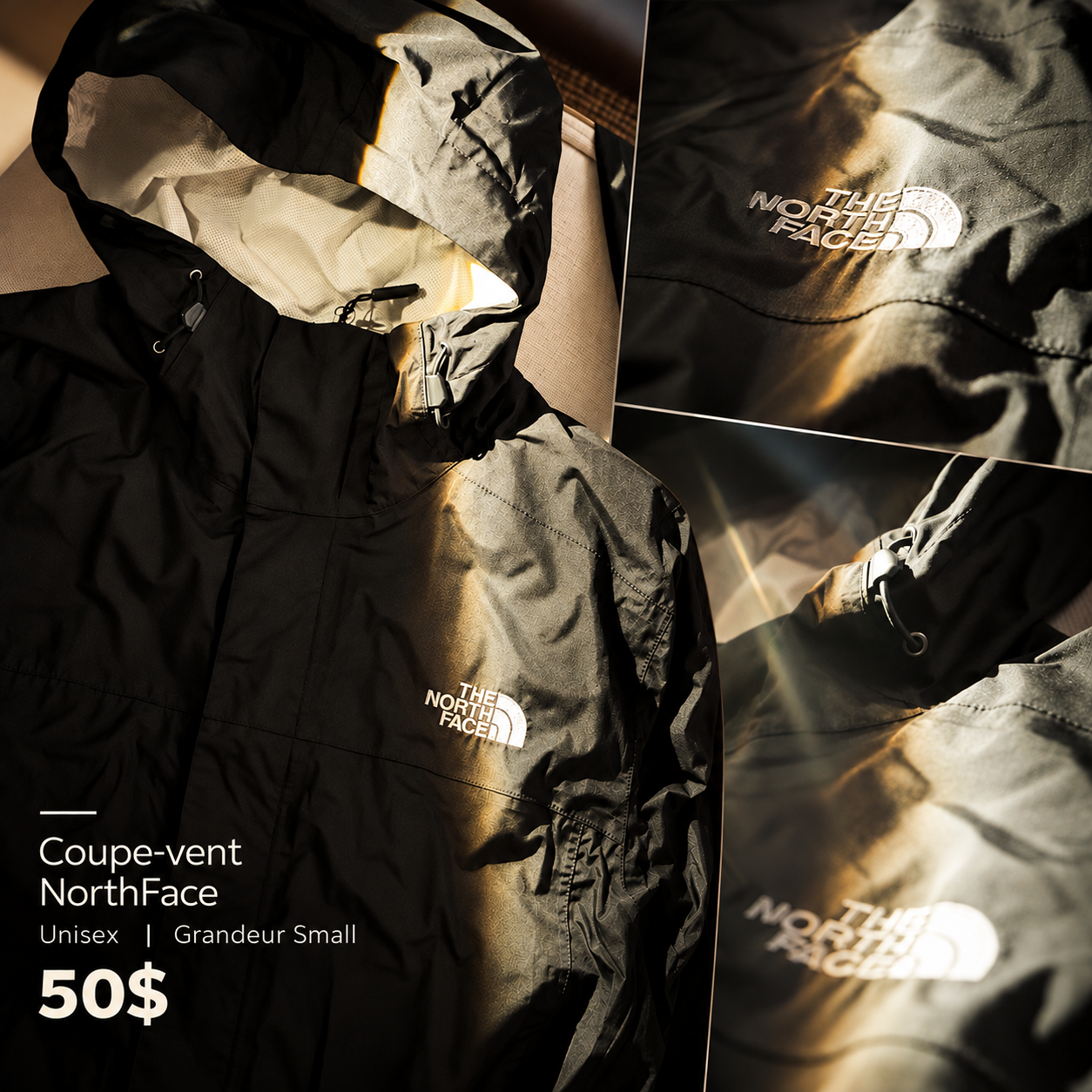 Coupe-vent North Face sous une lumière dorée
