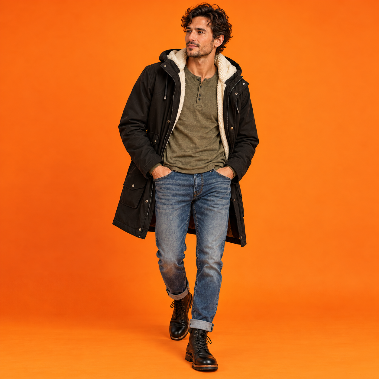 Homme élégant sur fond orange vif