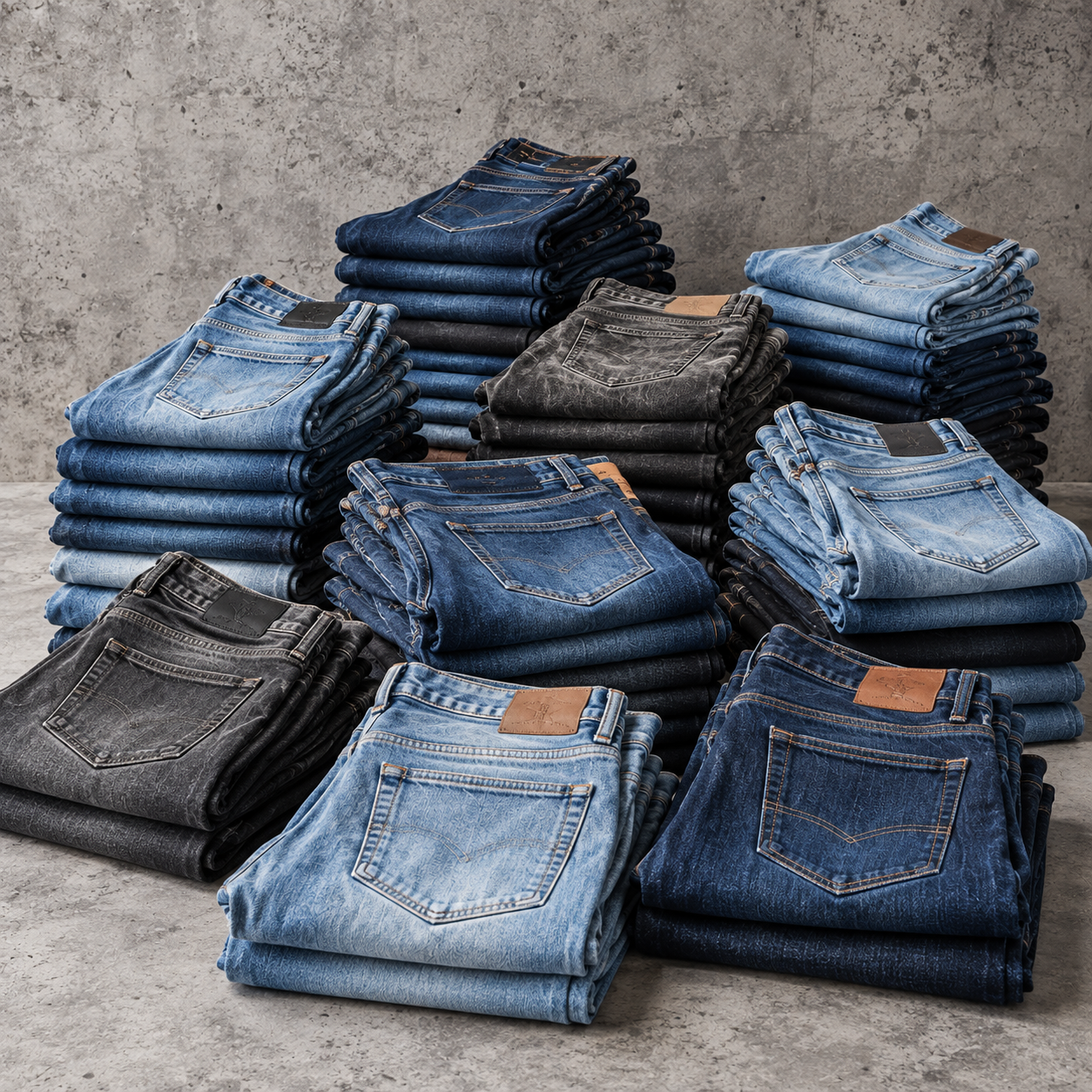Piles de jeans sur béton texturé